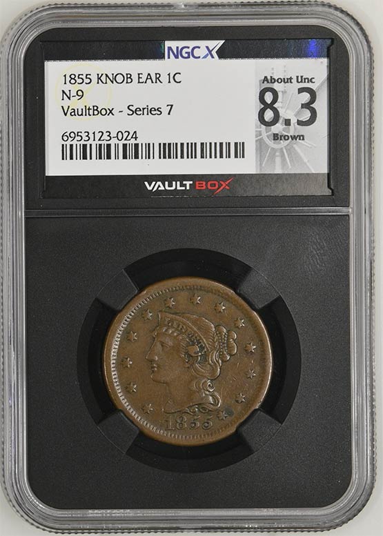 1855 Knob Ear N-9 Braided Hair Cent NGCX About Uncirculated 8.3 Brown Front