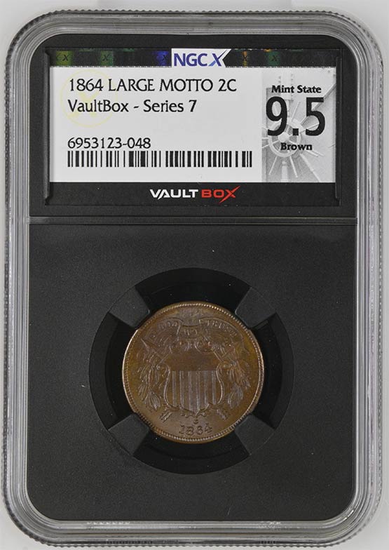 1864 Large Motto Two Cent Piece NGCX Mint State 9.5 Brown Front