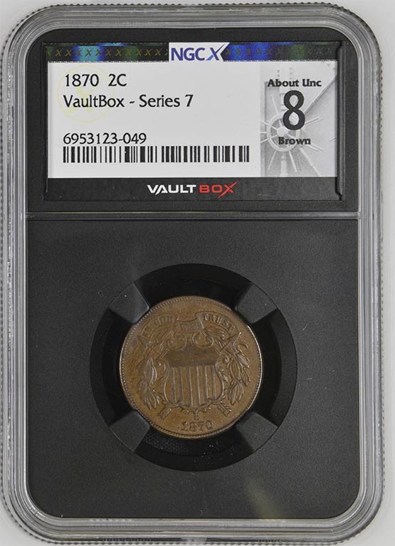 1870 Two Cent Piece NGCX About Uncirculated 8 Brown Front