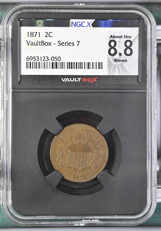 1871 Two Cent Piece NGCX About Uncirculated 8.8 Brown Front