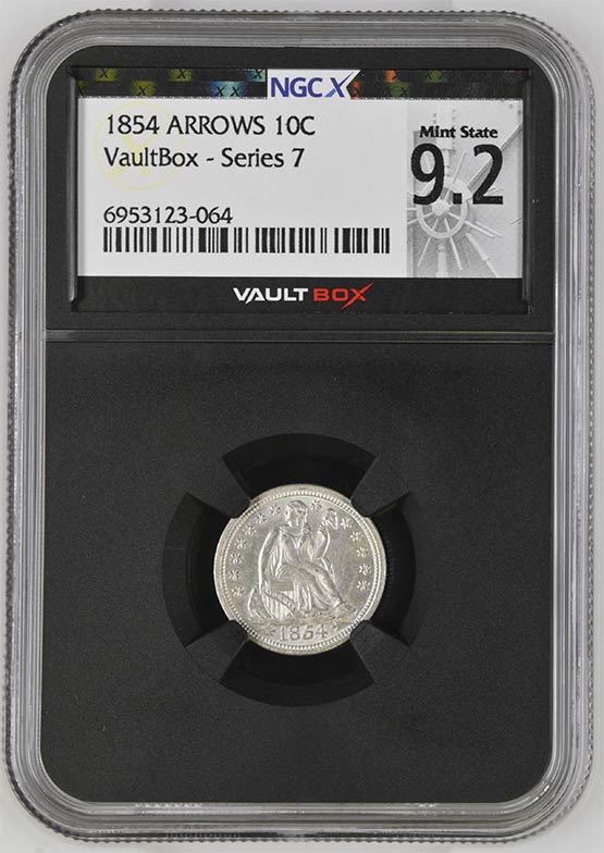 1854 Arrows Seated Liberty Dime NGCX Mint State 9.2 Front