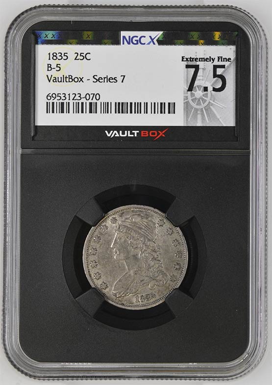 1835 B-5 Capped Bust Quarter NGCX Extremely Fine 7.5 Front