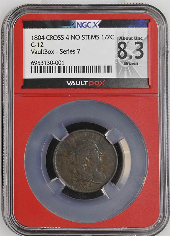 1804 Cross 4 No Stems Draped Bust Half Cent NGCX About Uncirculated 8.3 Brown Front