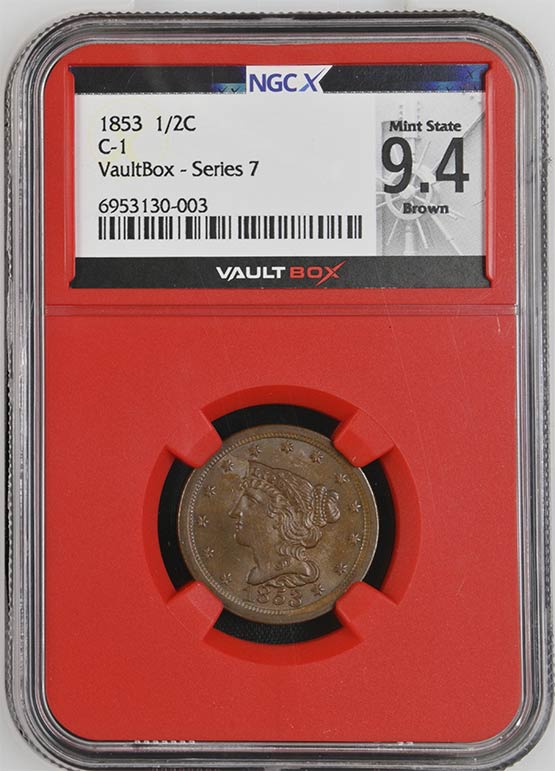 1853 C-1 Braided Hair Half Cent NGCX Mint State 9.4 Brown Front