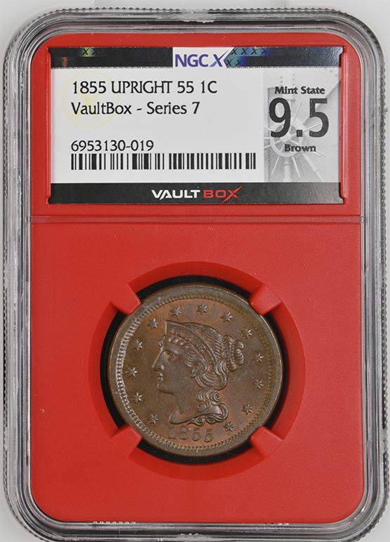1855 Upright 55 Braided Hair Cent NGCX Mint State 9.5 Red Brown Front