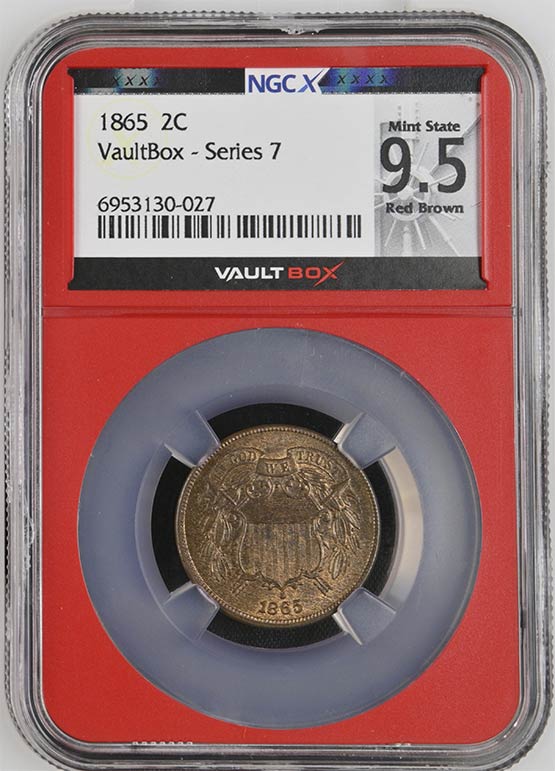 1865 Two Cent Piece NGCX Mint State 9.5 Red Brown Front