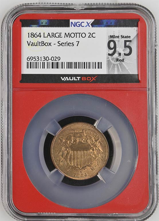 1864 Large Motto Two Cent Piece NGCX Mint State 9.5 Red Front