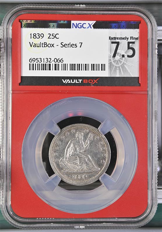 1839 Seated Liberty Quarter NGCX Extremely Fine 7.5 Front