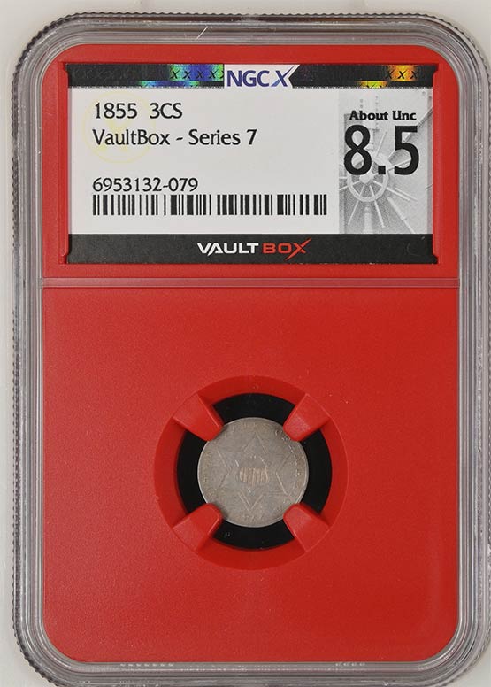 1855 Three Cent Silver NGCX About Uncirculated 8.5 Front