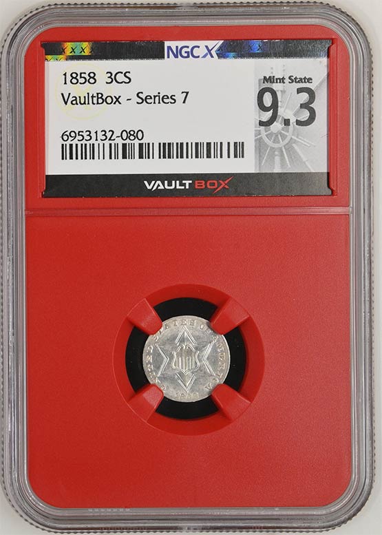 1858 Three Cent Silver NGCX Mint State 9.3 Front