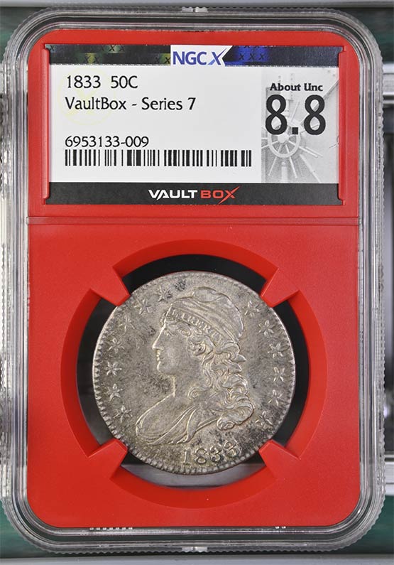 1833 Capped Bust Half Dollar NGCX About Uncirculated 8.8 Front