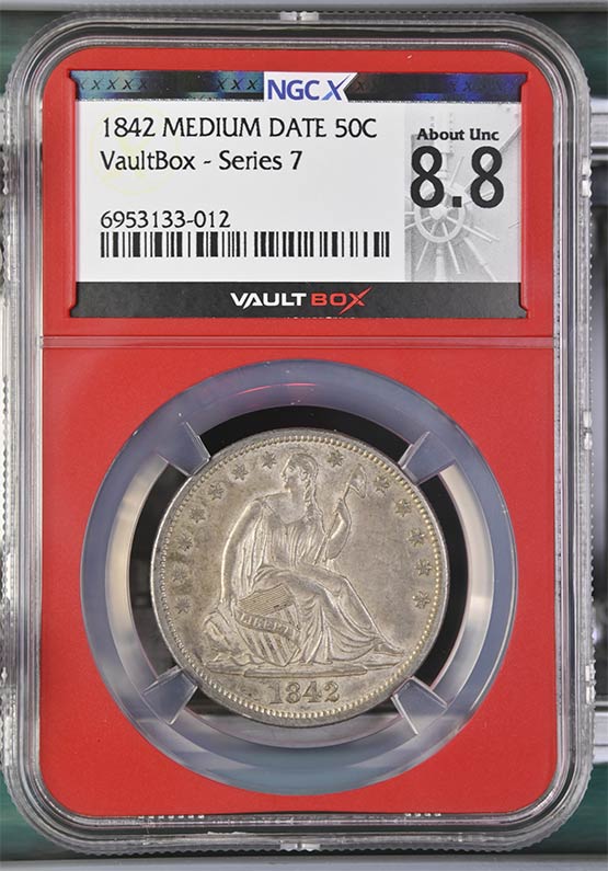 1842 Medium Date Liberty Seated Half Dollar NGCX About Uncirculated 8.8 Front
