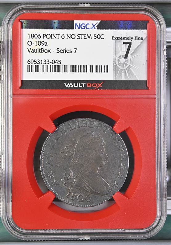 1806 Point 6 No Stem O-109a Draped Bust Half Dollar NGCX Extremely Fine 7 Front
