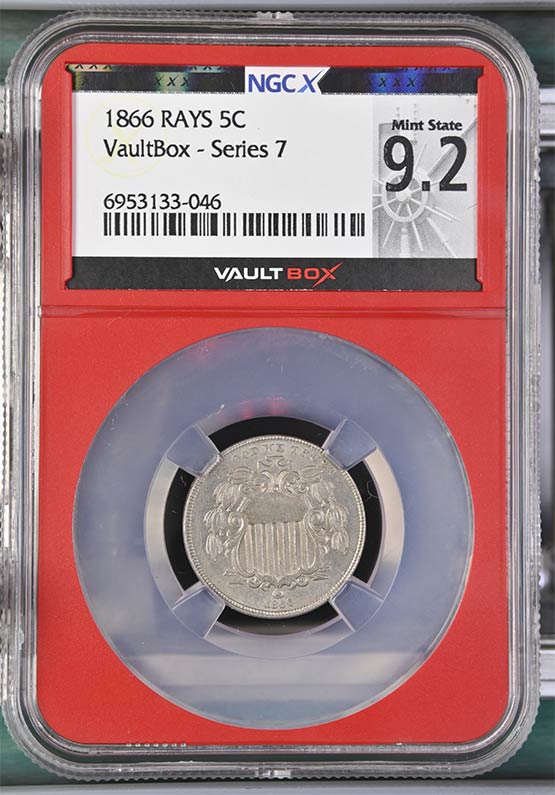 1866 Rays Shield Nickel NGCX Mint State 9.2 Front