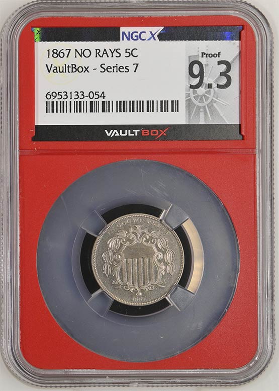 1867 No Rays Shield Nickel NGCX Proof 9.3 Front
