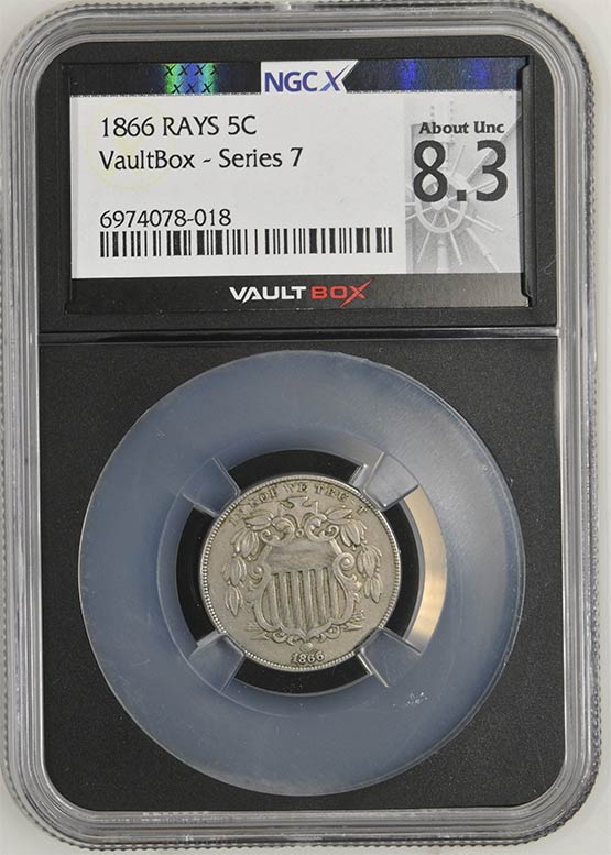 1866 Rays Shield Nickel NGCX About Uncirculated 8.3 Front