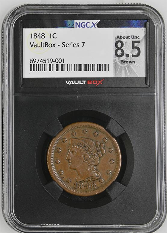 1848 Braided Hair Cent NGCX About Uncirculated 8.5 Brown Front