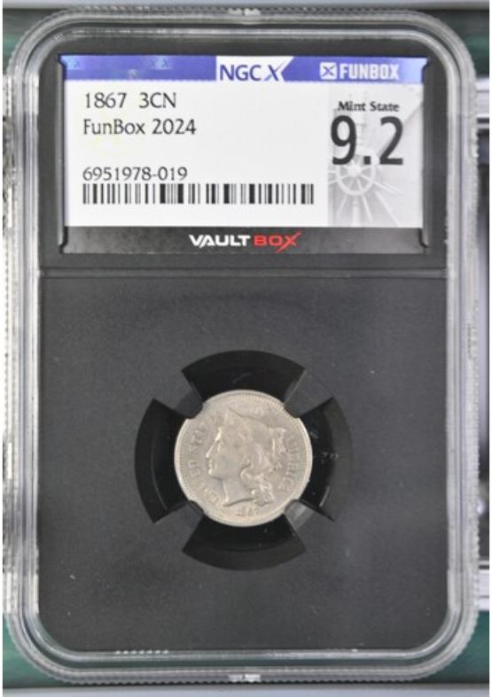 1867 3CN NGCX MINT STATE 9.2 FRONT