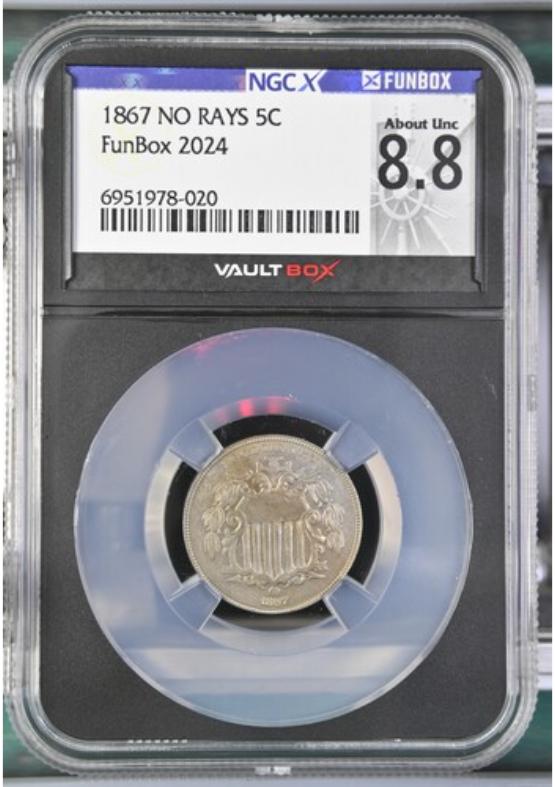 1867 NO RAYS 5C NGCX ABOUT UNC 8.8 FRONT