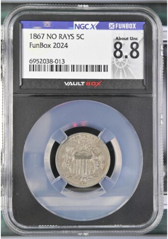 1867 NO RAYS 5C NGCX ABOUT UNC 8.8 FRONT