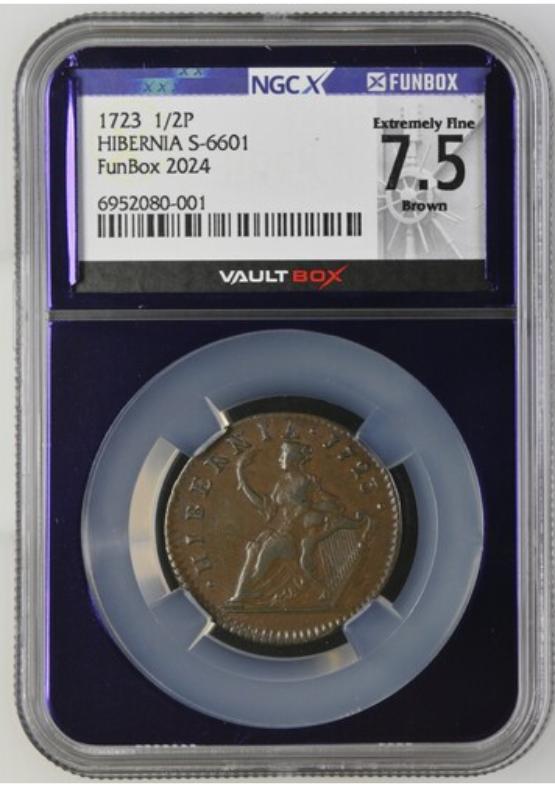 1723 HIBERNIA S-6601 1/2P NGCX EXTREMELY FINE 7.5 BROWN FRONT