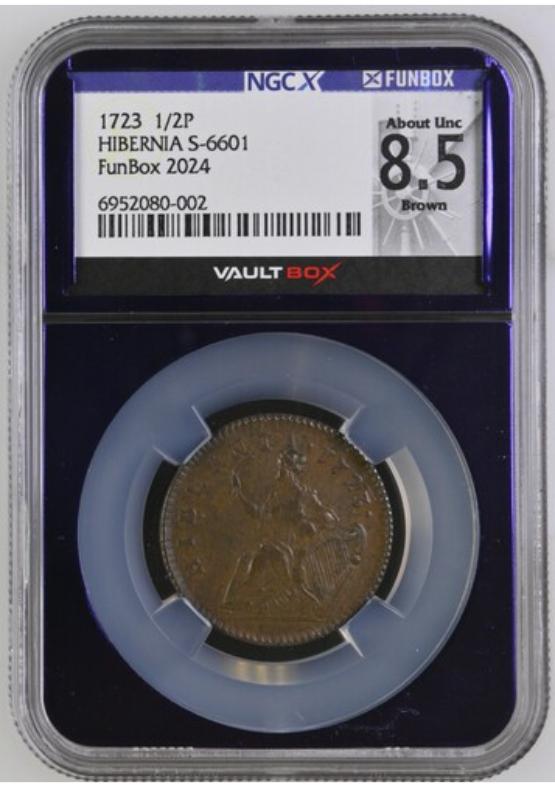 1723 HIBERNIA S-6601 1/2P NGCX ABOUT UNC 8.5 BROWN FRONT
