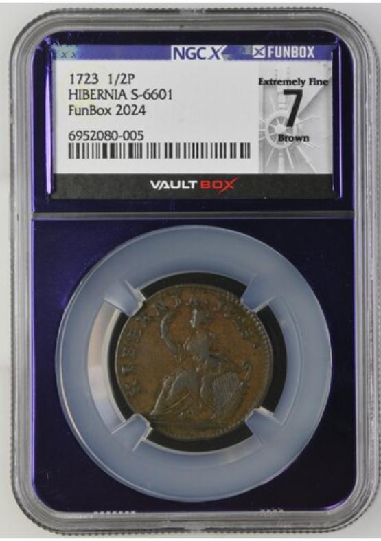 1723 HIBERNIA S-6601 1/2P NGCX EXTREMELY FINE 7 BROWN FRONT
