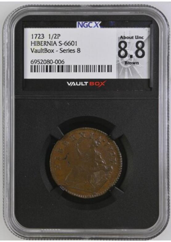 1723 HIBERNIA S-6601 1/2P NGCX ABOUT UNCIRCULATED 8.8 BROWN Series 8 Front