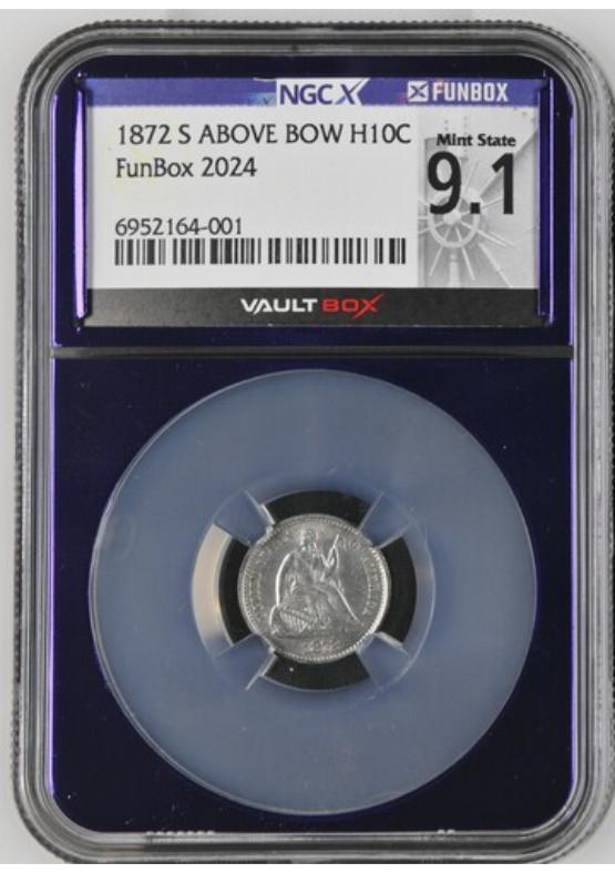 1872-S ABOVE BOW H10C NGCX MINT STATE 9.1 FRONT