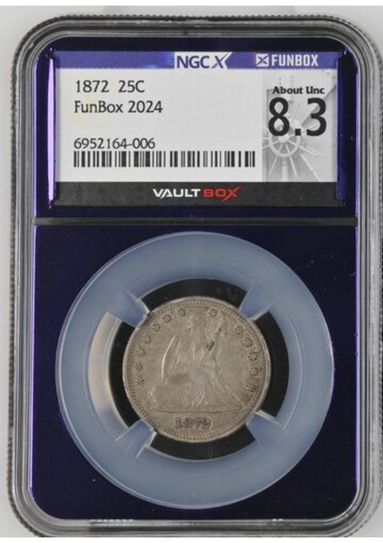1872 25C NGCX ABOUT UNC 8.3 FRONT