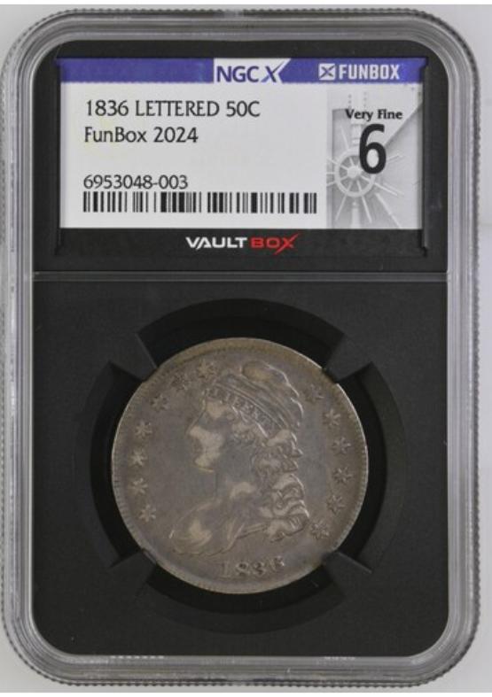1836 LETTERED 50C NGCX VERY FINE 6 FRONT