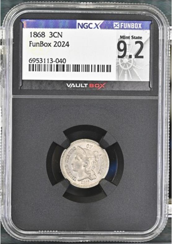 1868 3CN NGCX MINT STATE 9.2 FRONT