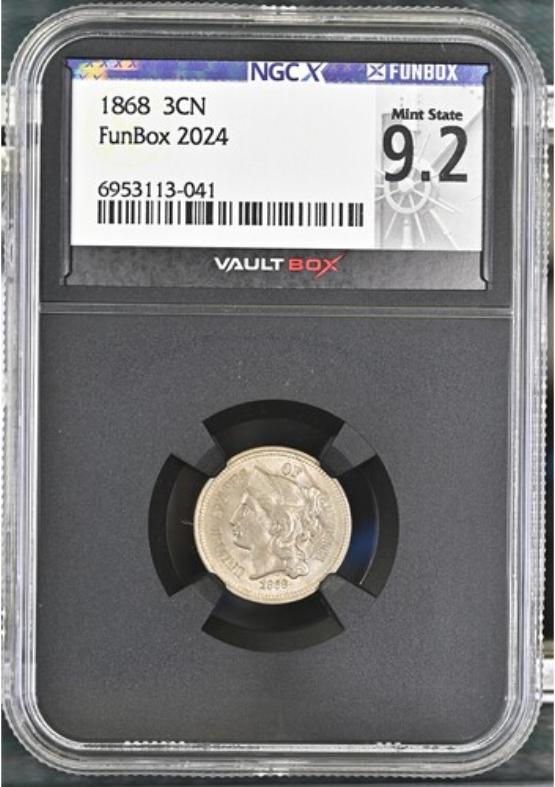 1868 3CN NGCX MINT STATE 9.2 FRONT