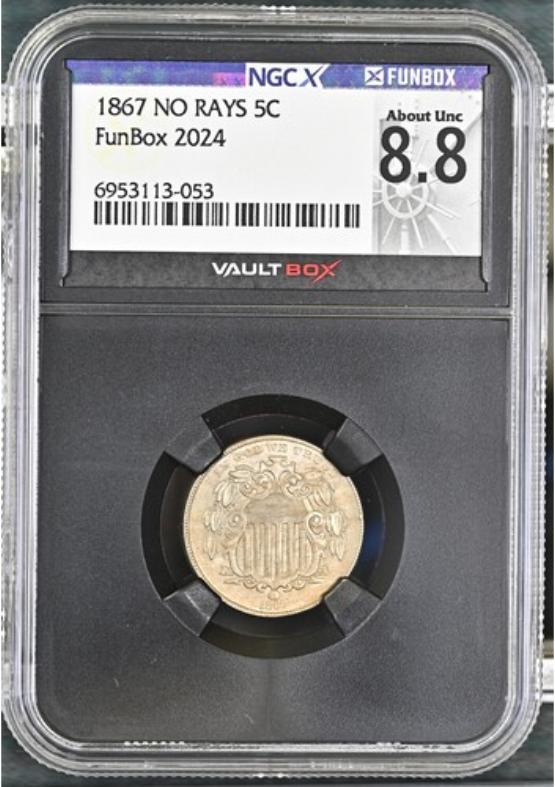 1867 NO RAYS 5C NGCX ABOUT UNC 8.8 FRONT