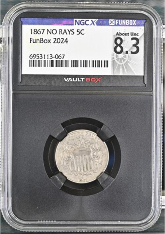 1867 NO RAYS 5C NGCX ABOUT UNC 8.3 FRONT