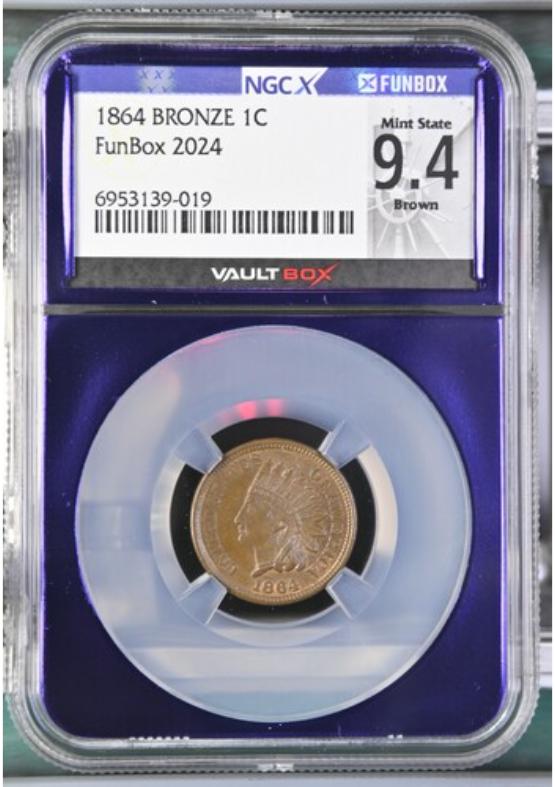 1864 BRONZE 1C NGCX MINT STATE 9.4 BROWN FRONT