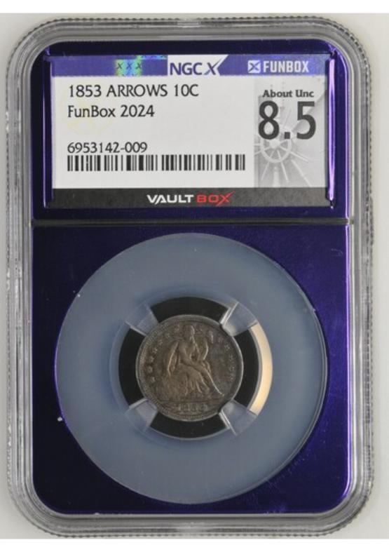 1853 ARROWS 10C NGCX ABOUT UNC 8.5 FRONT