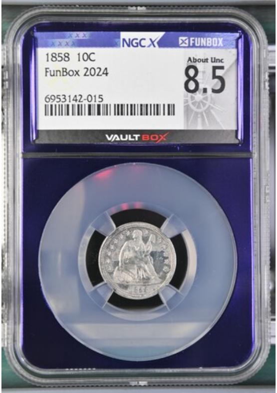 1858 10C NGCX ABOUT UNC 8.5 FRONT