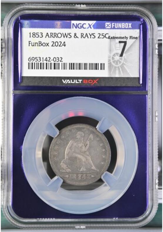 1853 ARROWS & RAYS 25C NGCX EXTREMELY FINE 7 FRONT