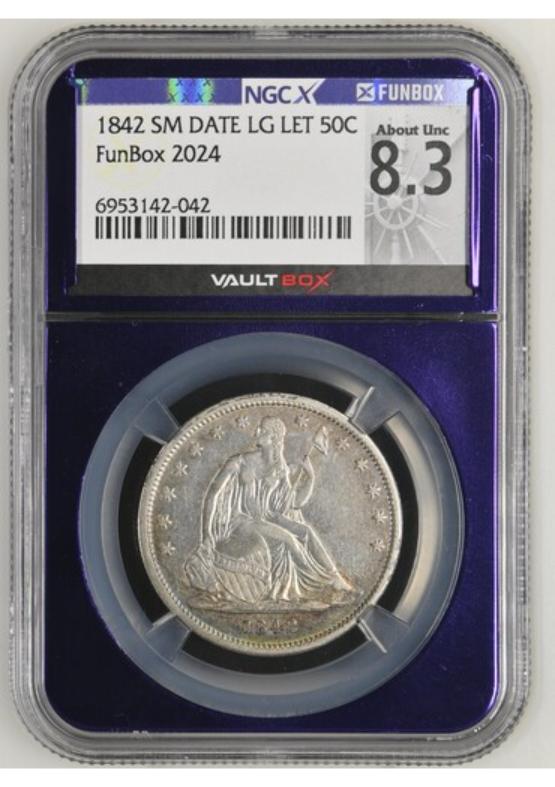 1842 SM DATE LG LET 50C NGCX ABOUT UNC 8.3 FRONT