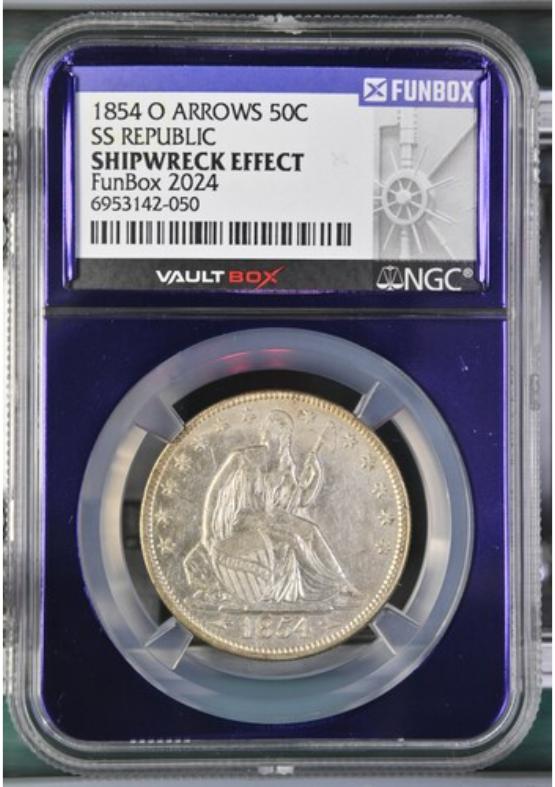1854-O ARROWS SS REPUBLIC 50C NGC SHIPWRECK EFFECT FRONT