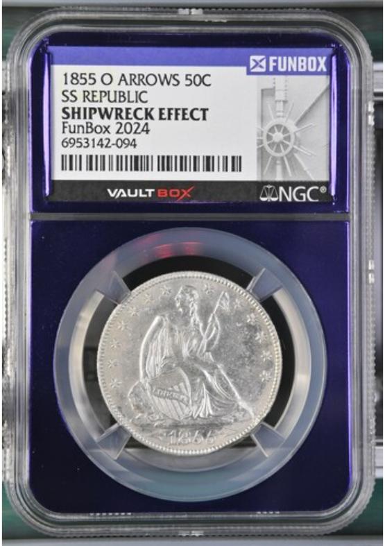 1855-O ARROWS SS REPUBLIC 50C NGC SHIPWRECK EFFECT FRONT
