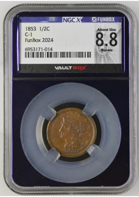 1853 C-1 1/2C NGCX ABOUT UNC 8.8 BROWN FRONT