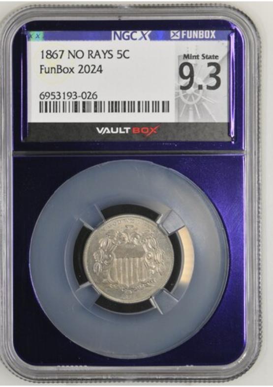 1867 NO RAYS 5C NGCX MINT STATE 9.3 FRONT