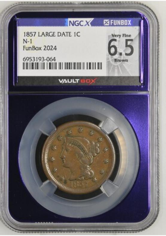 1857 LARGE DATE N-1 1C NGCX VERY FINE 6.5 BROWN FRONT