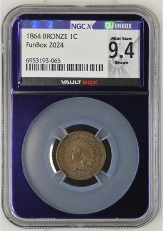 1864 BRONZE 1C NGCX MINT STATE 9.4 BROWN FRONT