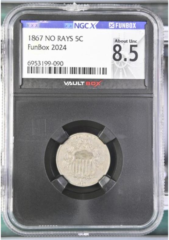 1867 NO RAYS 5C NGCX ABOUT UNC 8.5 FRONT