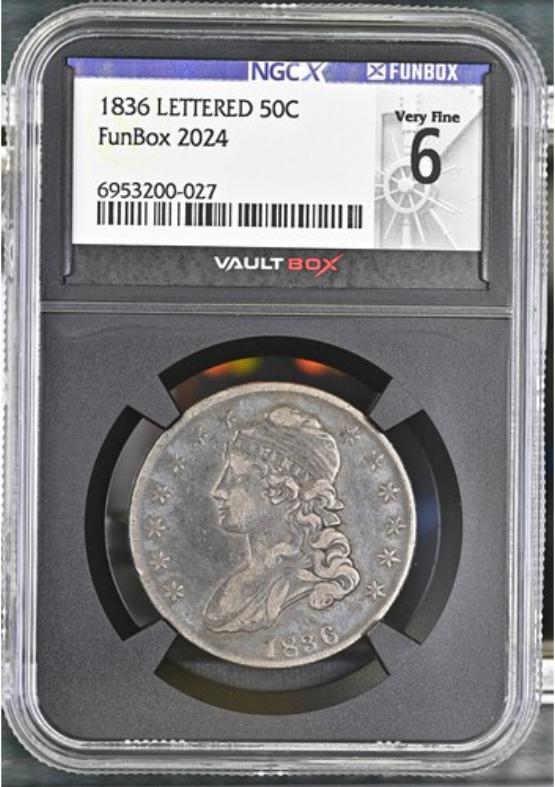 1836 LETTERED 50C NGCX VERY FINE 6 FRONT