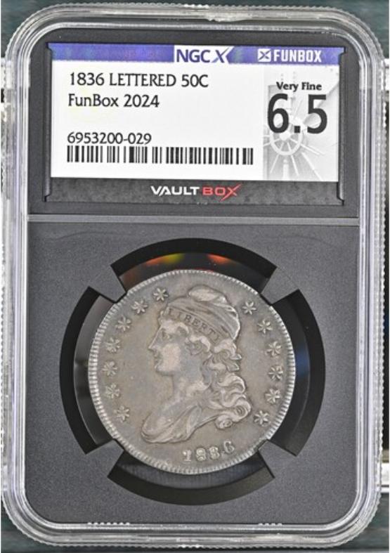 1836 LETTERED 50C NGCX VERY FINE 6.5 FRONT