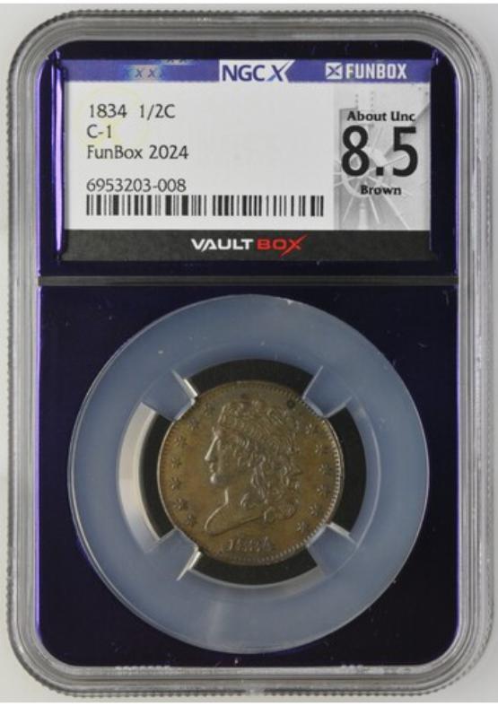 1834 C-1 1/2C NGCX ABOUT UNC 8.5 BROWN FRONT